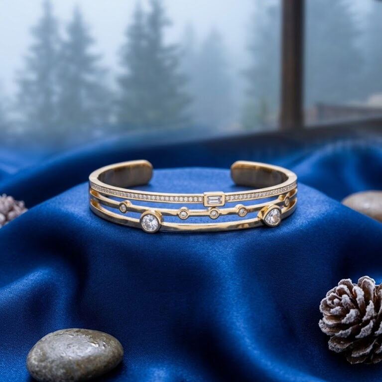 3-Layered Sparkly Crystal Stainless Steel Cuff Bracelet