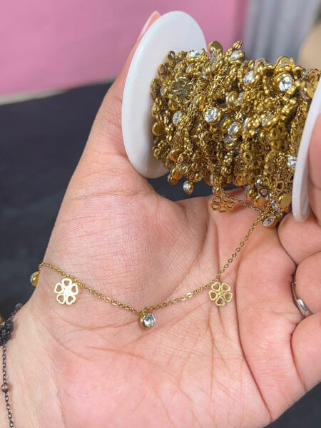 Hollow Flower and Stone Charms on Golden Permanent Chains