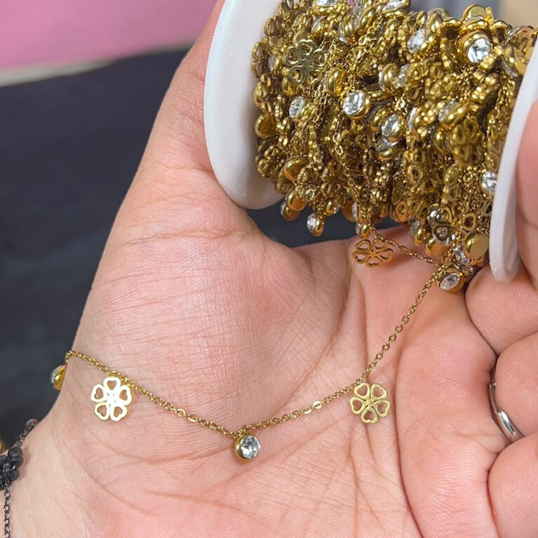 Hollow Flower and Stone Charms on Golden Permanent Chains