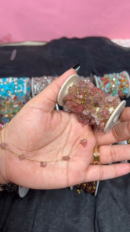 Pink Jade / Strawberry Quartz Raw Chip Stone Station Gold Stainless Steel Permanent Jewelry Chain Reel