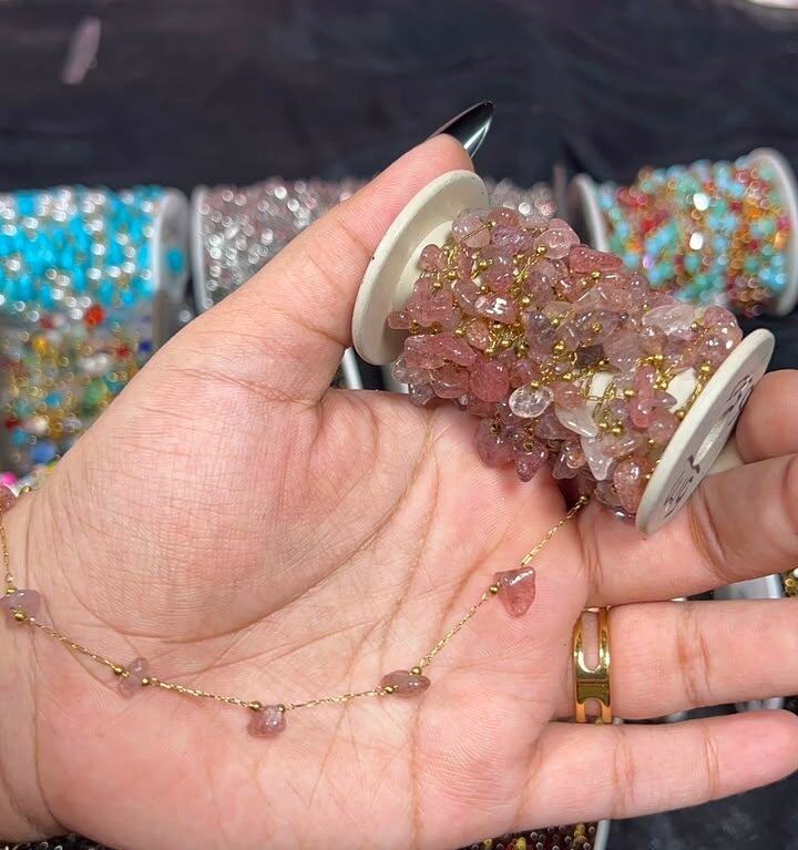 Pink Jade / Strawberry Quartz Raw Chip Stone Station Gold Stainless Steel Permanent Jewelry Chain Reel