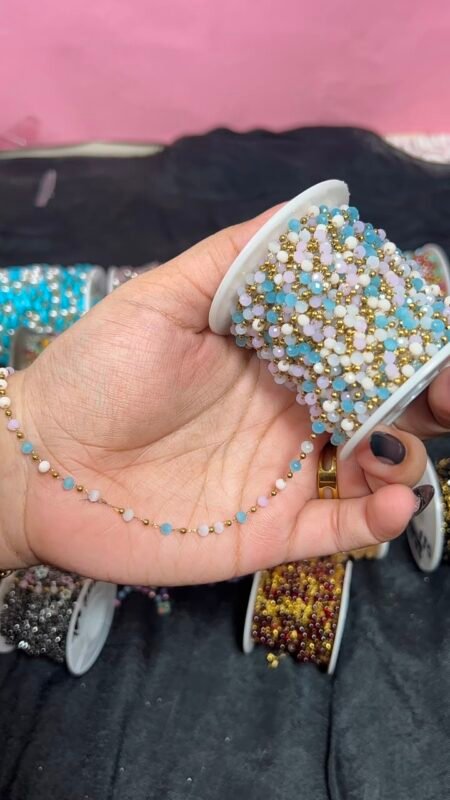 Pastel Multicolor Faceted Crystal & Gold Bead Station Stainless Steel Permanent Jewelry Chain Reel