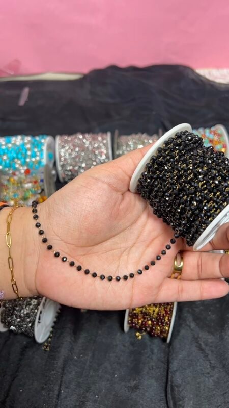 Black Faceted Crystal Bead Station Gold Stainless Steel Permanent Jewelry Chain Reel