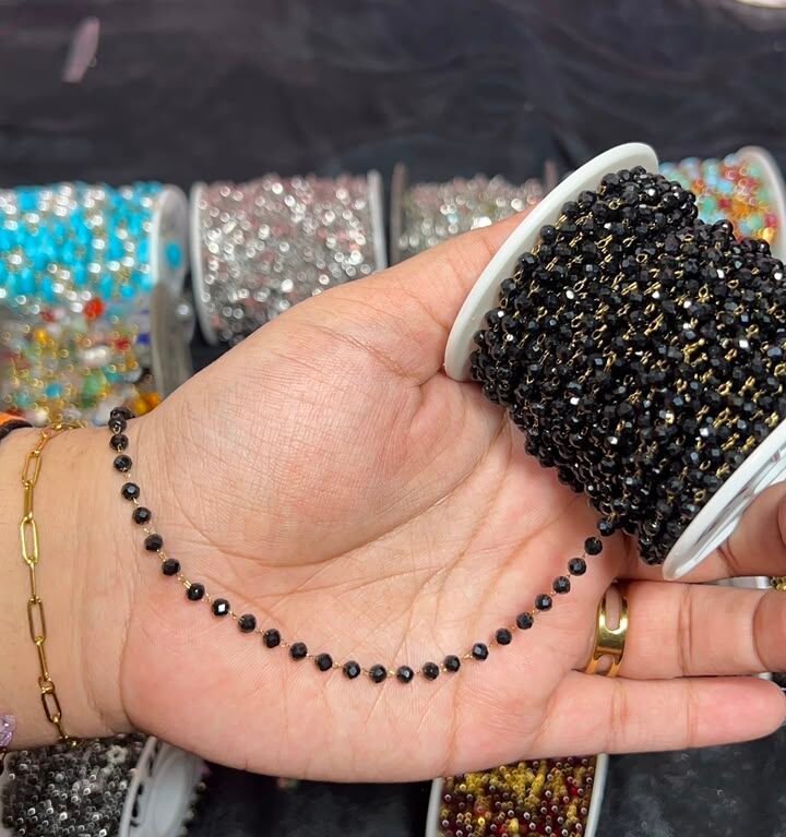 Black Faceted Crystal Bead Station Gold Stainless Steel Permanent Jewelry Chain Reel