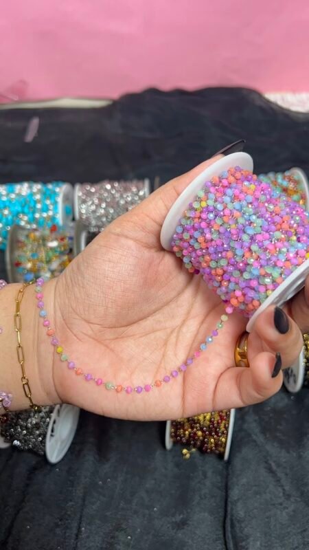 Pastel Multicolor Beaded Station Gold Stainless Steel Permanent Jewelry Chain Reel