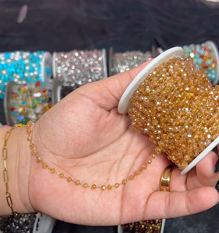 Amber Champagne Faceted Crystal & Gold Bead Station Stainless Steel Permanent Jewelry Chain Reel