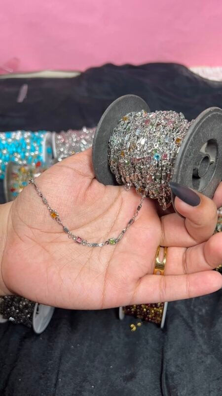 Multicolor Cubic Zirconia Station Silver Stainless Steel Permanent Jewelry Chain Reel