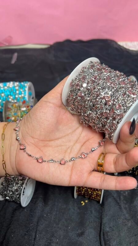 Pink Heart & Silver Bead Station Stainless Steel Permanent Jewelry Chain Reel