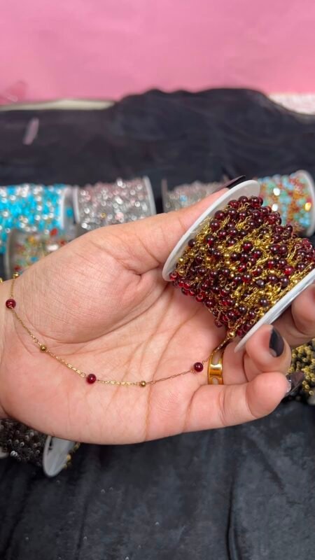 Garnet Red Crystal & Gold Bead Station Stainless Steel Permanent Jewelry Chain Reel
