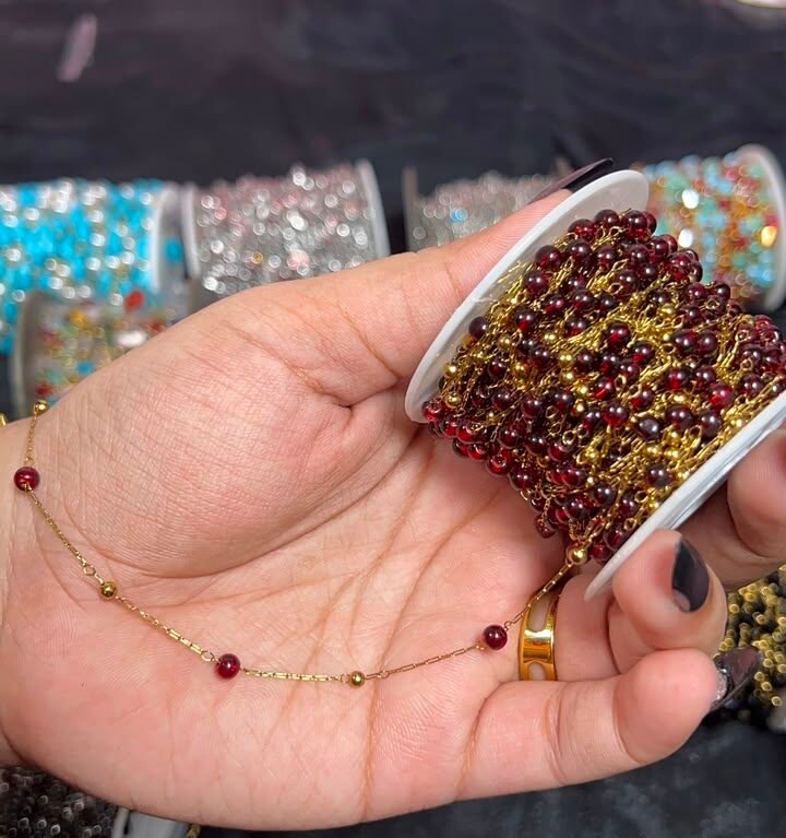 Garnet Red Crystal & Gold Bead Station Stainless Steel Permanent Jewelry Chain Reel