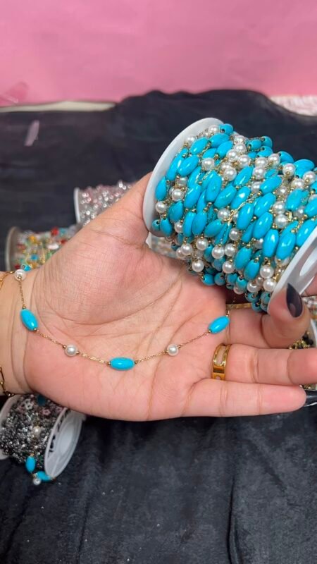 Turquoise Tube & White Pearl Station Gold Stainless Steel Permanent Jewelry Chain Reel
