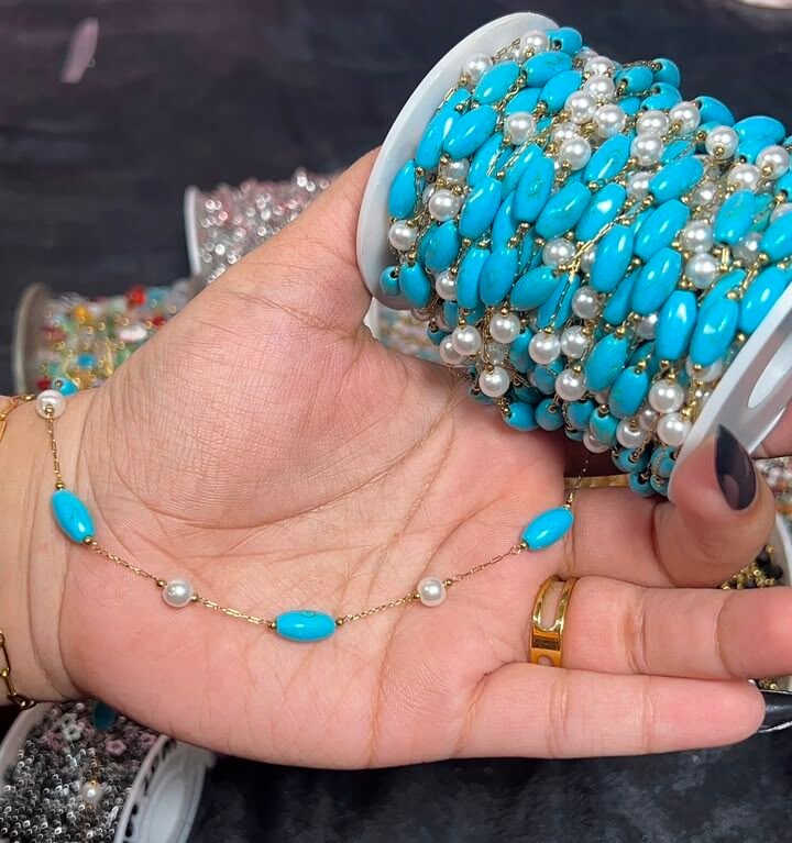 Turquoise Tube & White Pearl Station Gold Stainless Steel Permanent Jewelry Chain Reel