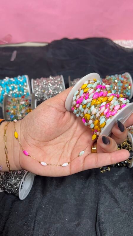 Multicolor Marquise Rice Bead Station Gold Stainless Steel Permanent Jewelry Chain