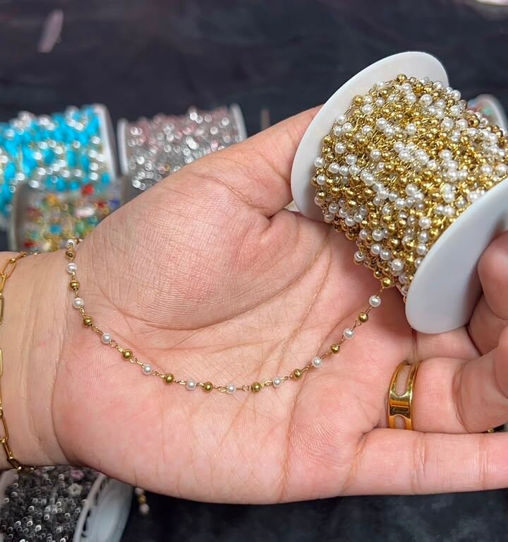 Alternating Gold Bead & White Mini Pearl Station Stainless Steel Permanent Jewelry Chain Reel