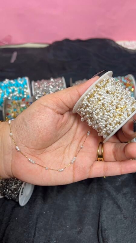 Triple Mini White Pearl Cluster Station Gold Stainless Steel Permanent Jewelry Chain Reel