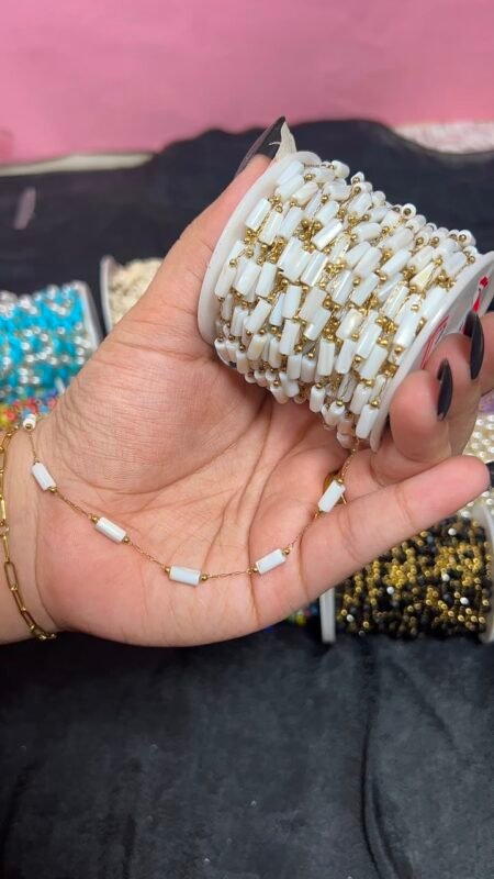 White Cylinder Tube Bead Station Gold Stainless Steel Permanent Jewelry Chain