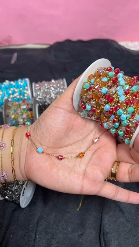 Multicolor Faceted Crystal Bead Station Gold Stainless Steel Permanent Jewelry Chain