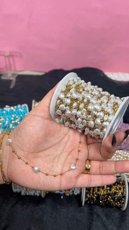 White Pearl Heart & Bead Station Gold Stainless Steel Permanent Jewelry Chain