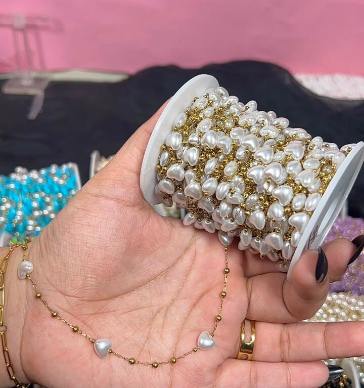 White Pearl Heart & Bead Station Gold Stainless Steel Permanent Jewelry Chain