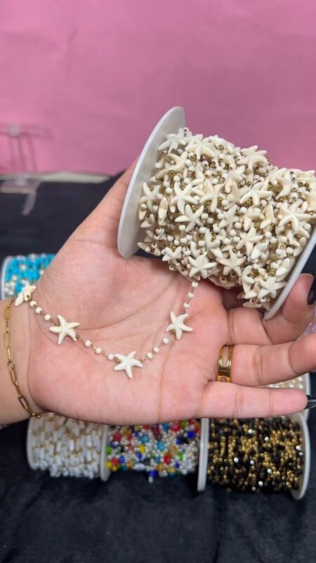 White Starfish & Bead Station Gold Stainless Steel Permanent Jewelry Chain