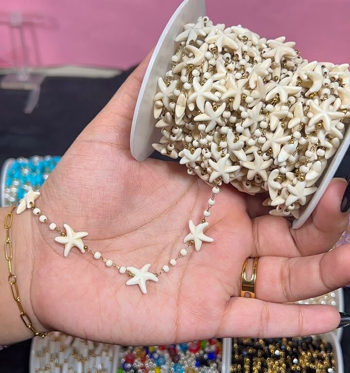 White Starfish & Bead Station Gold Stainless Steel Permanent Jewelry Chain