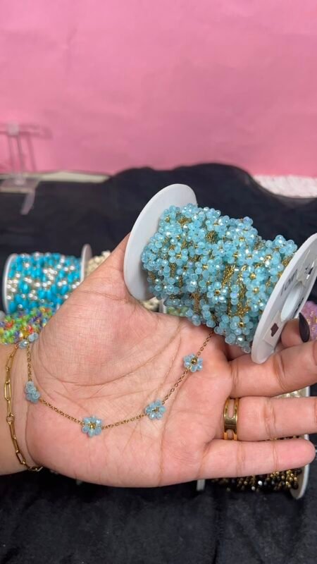 Aqua Blue Beaded Flower Station Gold Stainless Steel Permanent Jewelry Chain