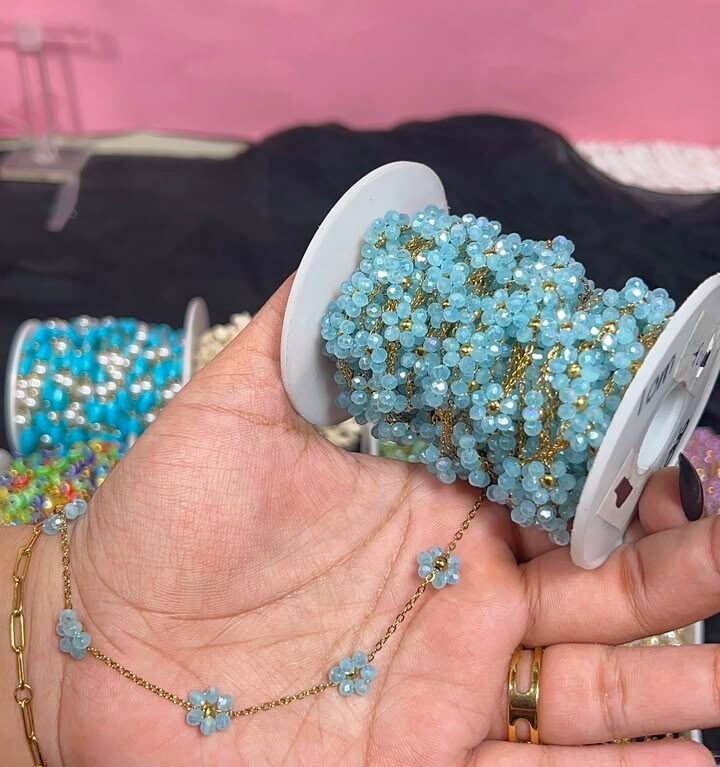 Aqua Blue Beaded Flower Station Gold Stainless Steel Permanent Jewelry Chain