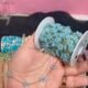 Aqua Blue Beaded Flower Station Gold Stainless Steel Permanent Jewelry Chain - 4.6 - 9.0 inches(FOR BRACELET)