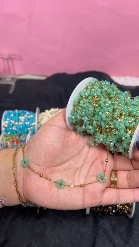 Mint Green Beaded Flower Station Gold Stainless Steel Permanent Jewelry Chain
