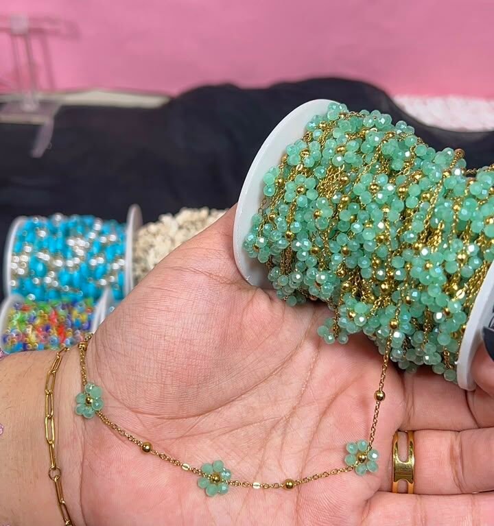 Mint Green Beaded Flower Station Gold Stainless Steel Permanent Jewelry Chain