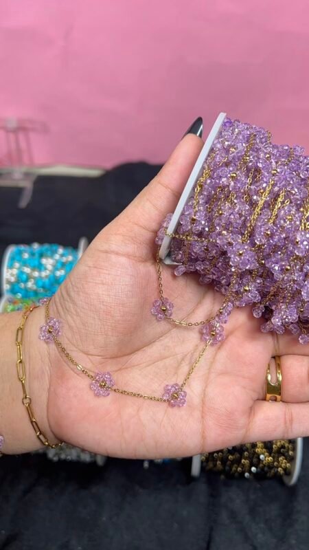 Pastel Lavender Beaded Flower Station Gold Stainless Steel Permanent Jewelry Chain