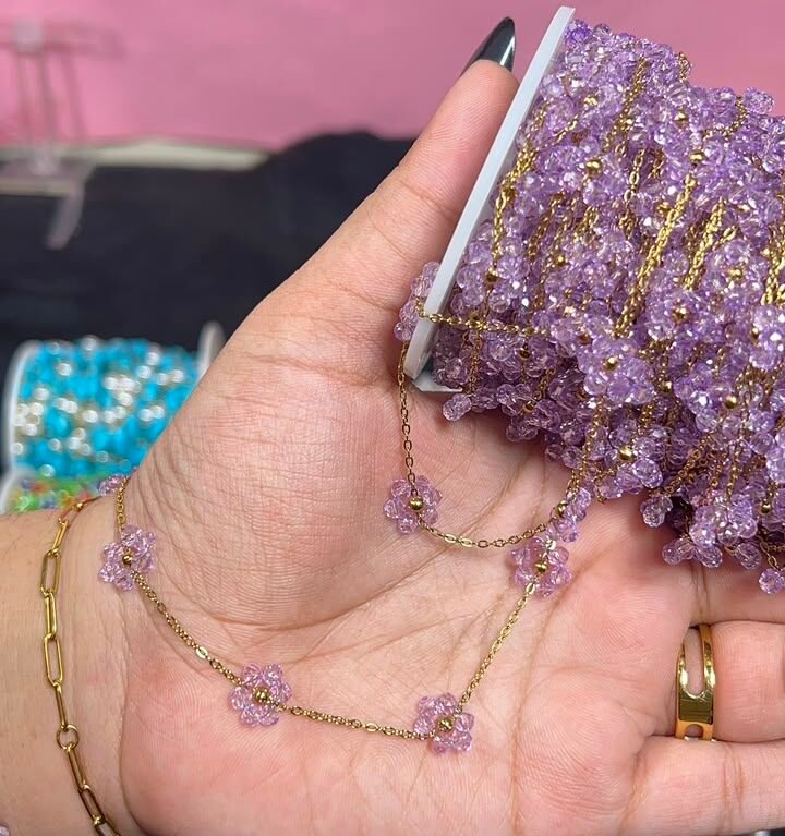 Pastel Lavender Beaded Flower Station Gold Stainless Steel Permanent Jewelry Chain