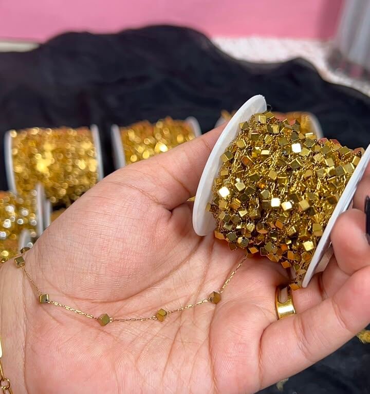 Gold Cube Bead Station Stainless Steel Permanent Jewelry Chain