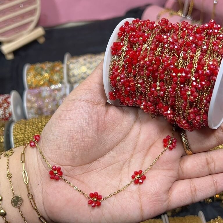 Ruby Red Beaded Daisy Flower Station Permanent Chain