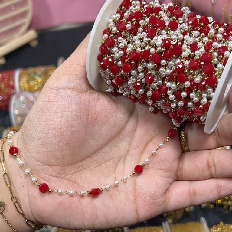 Ruby Red Crystal & Pearl Station Permanent Chain