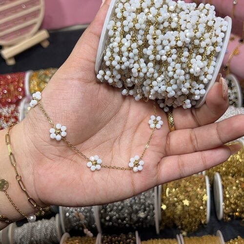 White Beaded Daisy Flower Station Permanent Chain