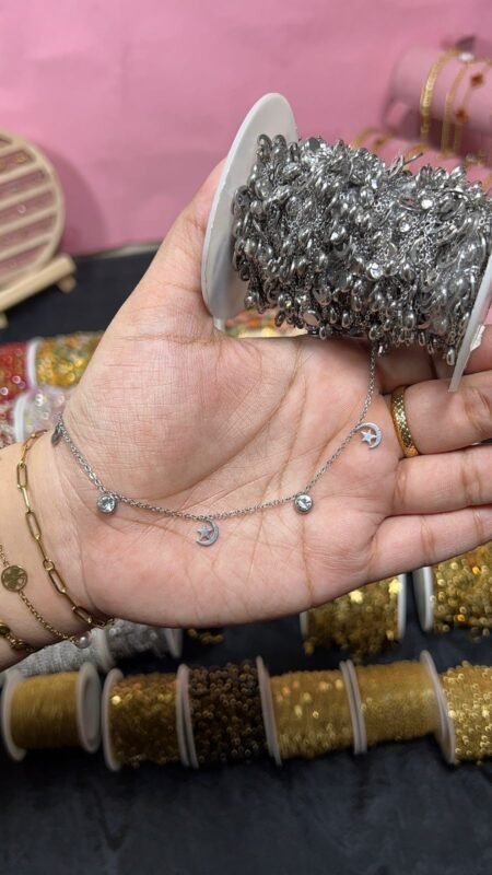 Silver Celestial Moon, Star & Crystal Dangle Permanent Chain