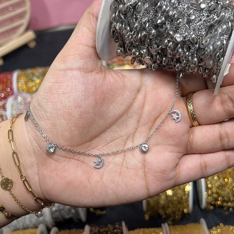Silver Celestial Moon, Star & Crystal Dangle Permanent Chain