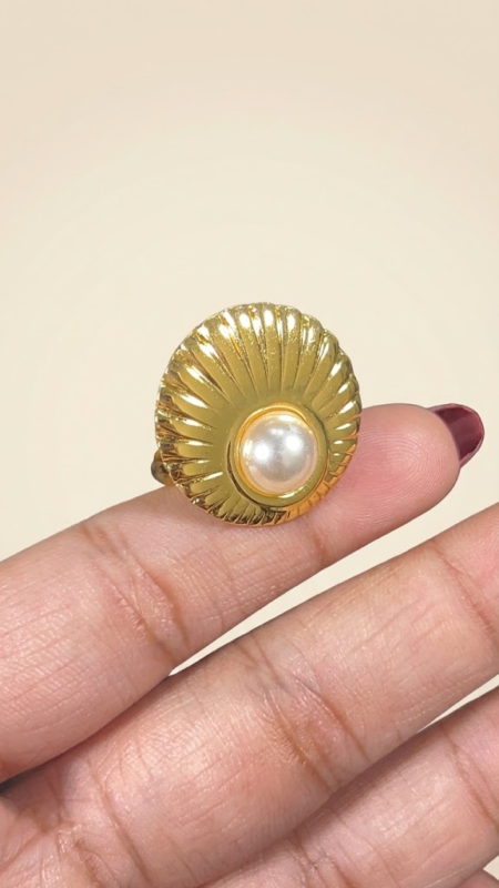 Stainless Steel Adjustable Seashell Pearl Statement Ring