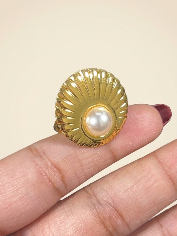 Stainless Steel Adjustable Seashell Pearl Statement Ring