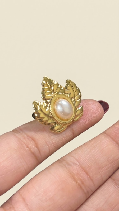 Stainless Steel Adjustable Leaf Cluster Pearl Statement Ring