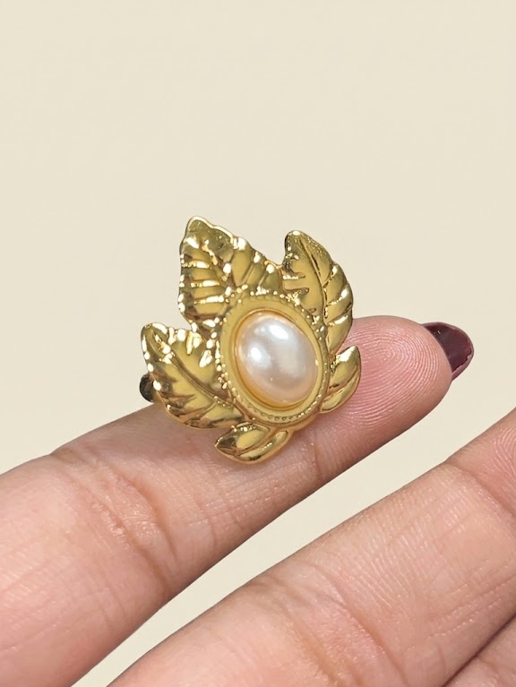 Stainless Steel Adjustable Leaf Cluster Pearl Statement Ring