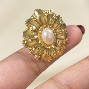 Stainless Steel Adjustable Ornate Sunburst Pearl Statement Ring