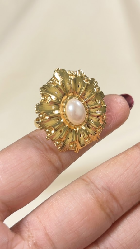 Stainless Steel Adjustable Ornate Sunburst Pearl Statement Ring