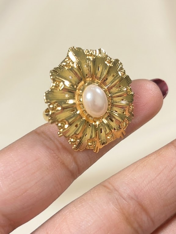 Stainless Steel Adjustable Ornate Sunburst Pearl Statement Ring
