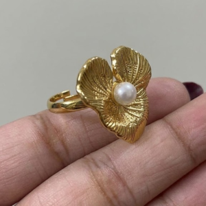 Stainless Steel Adjustable Triple-Petal Floral Pearl Statement Ring