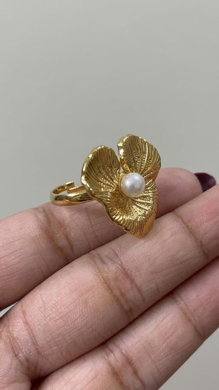 Stainless Steel Adjustable Triple-Petal Floral Pearl Statement Ring