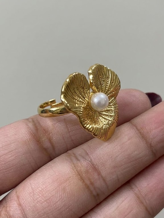Stainless Steel Adjustable Triple-Petal Floral Pearl Statement Ring