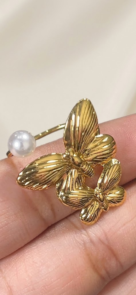 Stainless Steel Adjustable Double Butterfly and Pearl Statement Ring