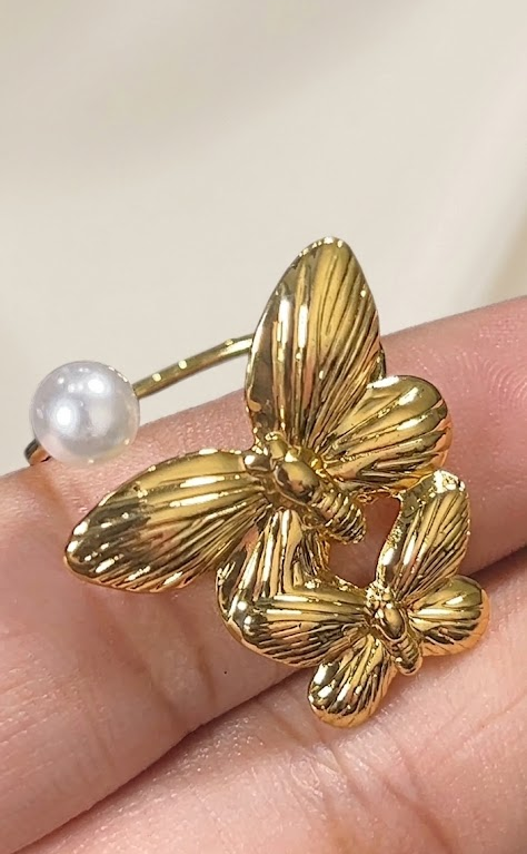 Stainless Steel Adjustable Double Butterfly and Pearl Statement Ring